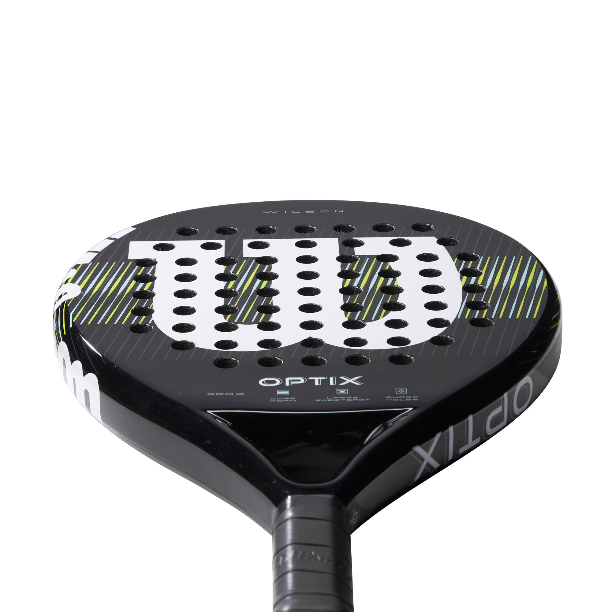 מחבט פאדל Wilson Optix V1 Padel Racket | וילסון - מבט על החלק העליון של המחבט עם הלוגו.