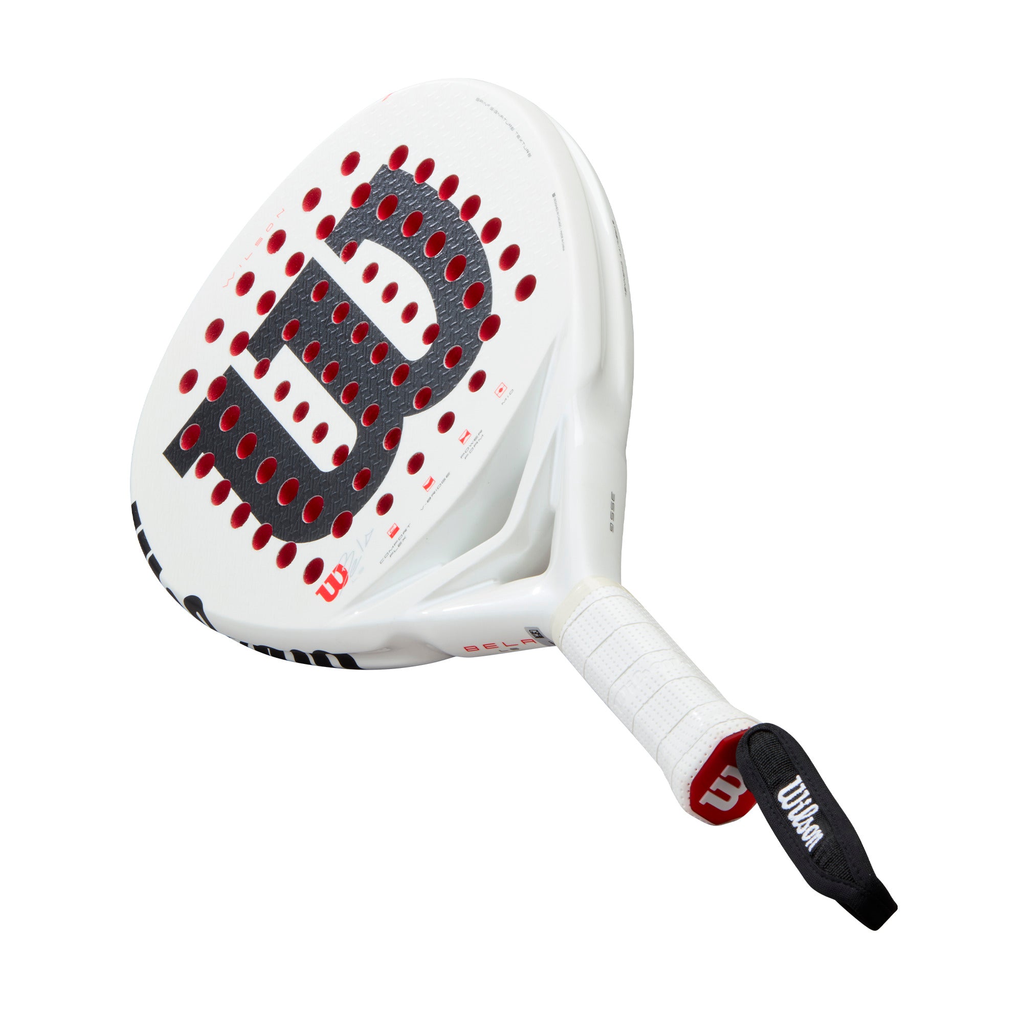 מחבט פאדל Wilson Bela LS V3 Padel Racket | וילסון בעיצוב לבן עם נקודות אדומות.