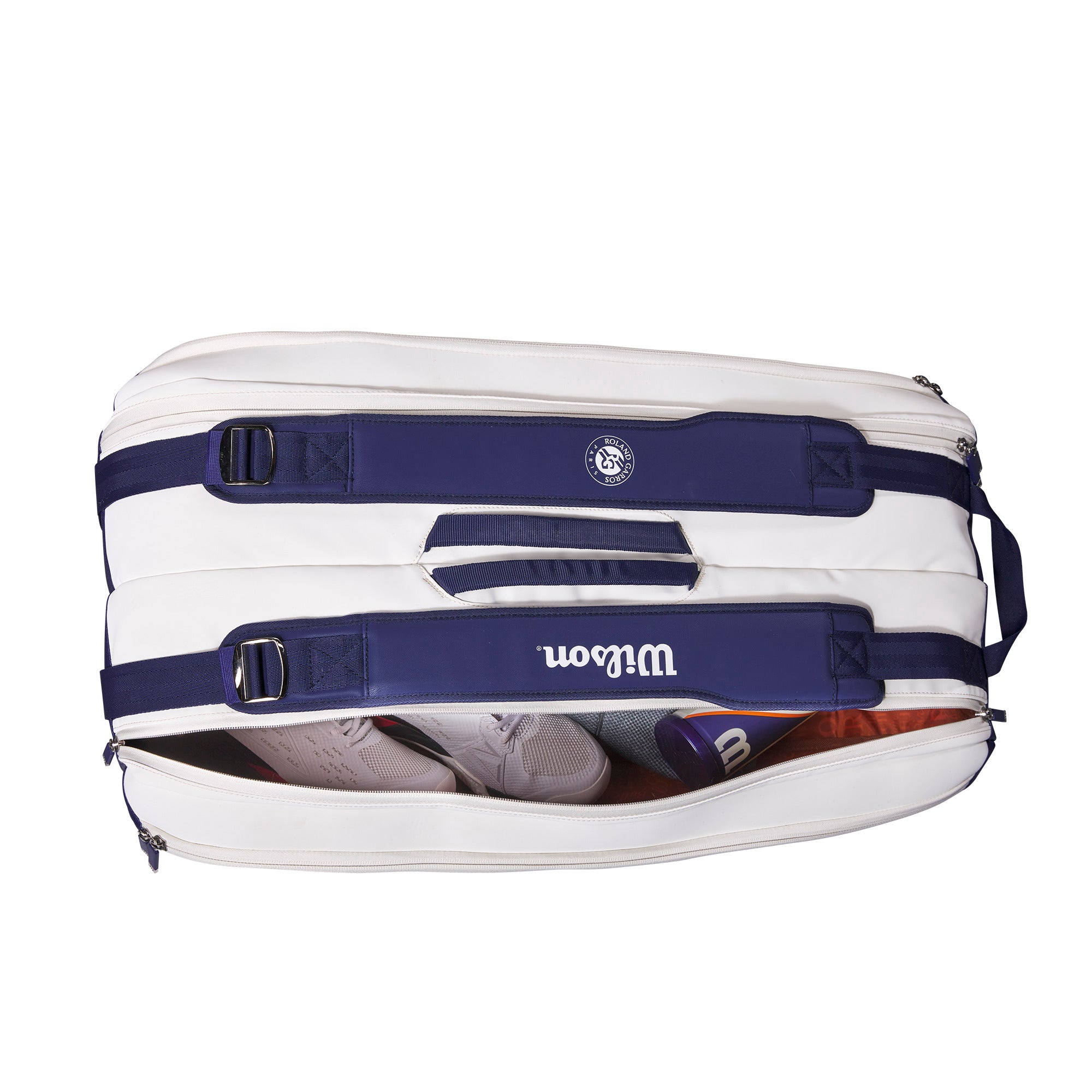 תיק טניס Wilson Roland Garros Premium 9PK | וילסון, בצבע לבן עם תאים למשחקים ונעליים.