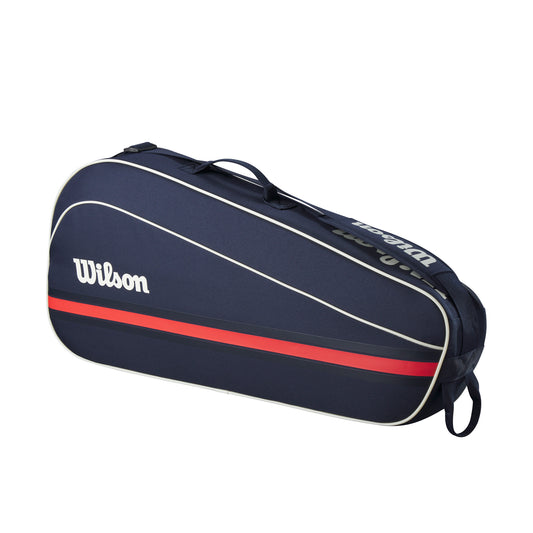 תיק טניס וילסון  | Team 3 Pack Bag Wilson בצבע כחול עם פסים אדומים, מעוצב לאחסון מחבטים וציוד.