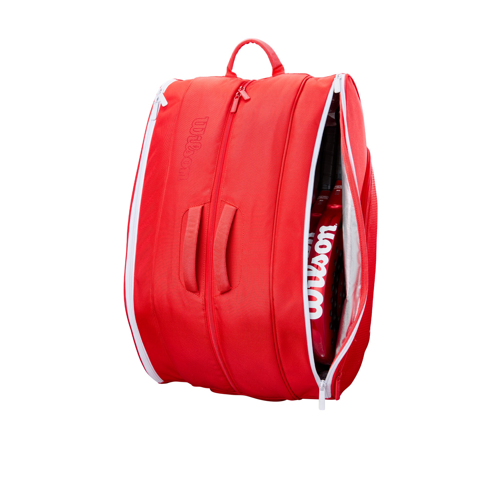 תיק פאדל Wilson Tour Red Padel Bag | וילסון מציג בתמונה, צבע אדום מבריק עם תא מרכזי.