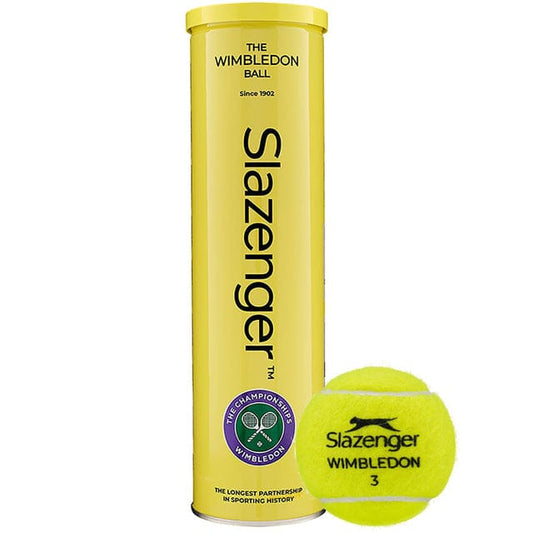 קופסת כדורי טניס Slazenger Wimbledon (4 כדורים בקופסה) | סלזנגר עם כדור טניס בצבע צהוב.