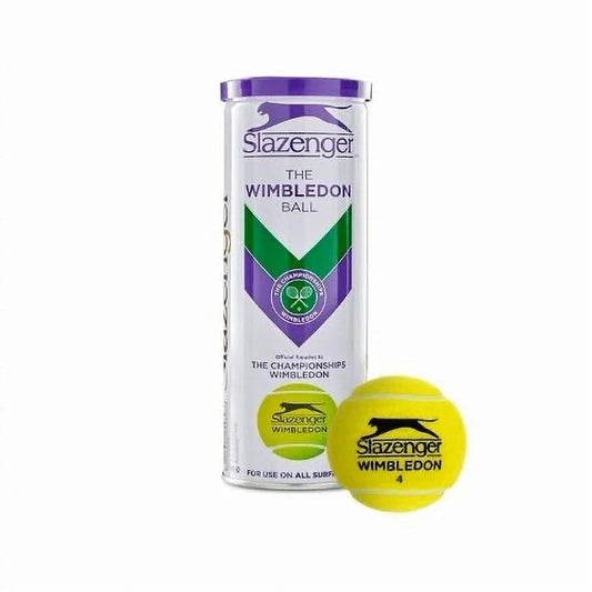 קופסת כדורי טניס Slazenger Wimbledon (3 כדורים בקופסה) | סלזנגר עם כדור טניס בסמוך.