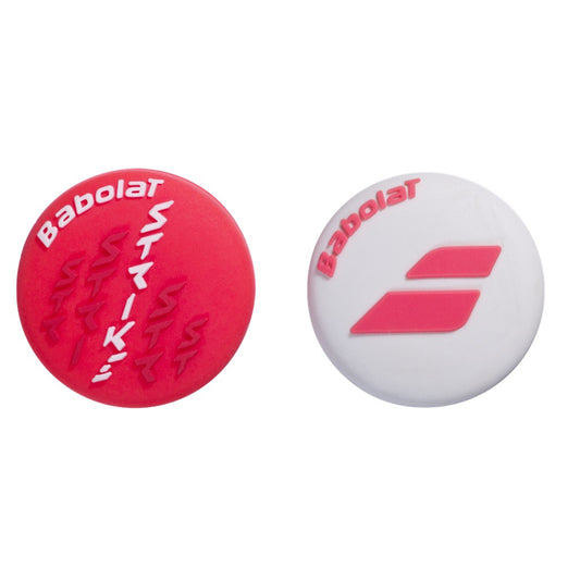 בולם זעזועים בבולט Strike Damp Babolat - זוג באדום ולבן, עיצוב ייחודי להפחתת רעידות במחבט טניס.