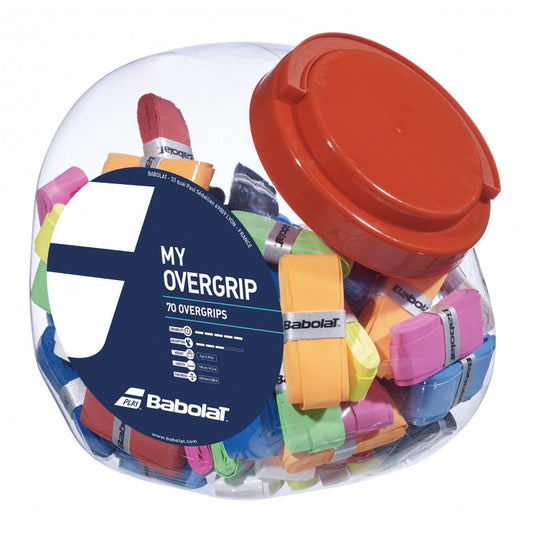 צנצנת אוברגריפ (Overgrip) בבולט My Overgrip X70 Babolat עם 70 גריפים צבעוניים לאחיזה מעולה ואישית.