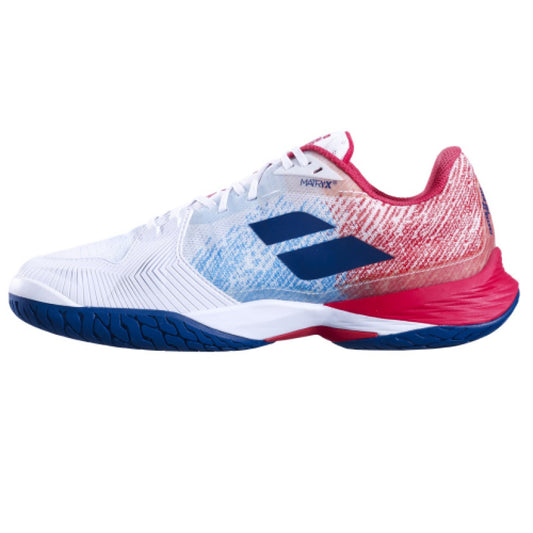 נעלי טניס גברים Babolat Jet Mach 3 AC Men כחול לבן | בבולט - צבעים לבנים, אדומים וכחולים, עיצוב מודרני.