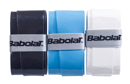 אוברגריפ (Overgrip) בבולט My Overgrip X3 Babolat בצבעים שחור, כחול ולבן, עמיד ואופנתי לשיפור אחיזה.